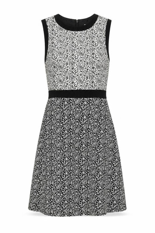 Front view of Miss Selfridge women’s black floral polyester a-line, size UK 4, scoop neck zip