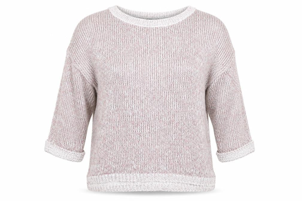 Front view of Warehouse women’s pink round neck acrylic jumper, size UK 10