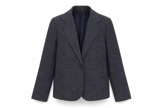 Front view of EWM women’s blue jacket blazer, size UK 10, button