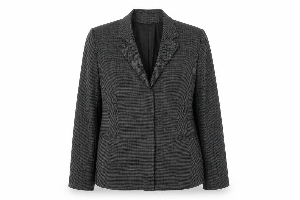 Front view of MINUET women’s black viscose jacket blazer, size UK 16