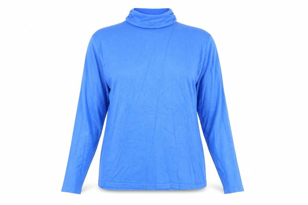 Front view of Emreco women’s blue high neck viscose jumper, size UK 16