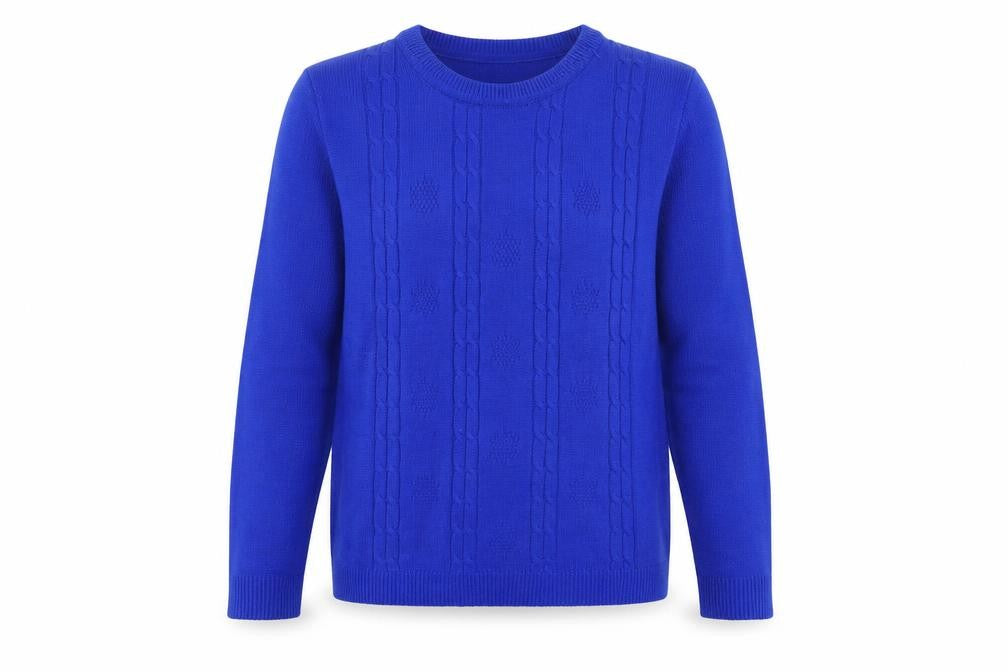 Front view of Glimpse Design women’s blue crew neck acrylic jumper, size M