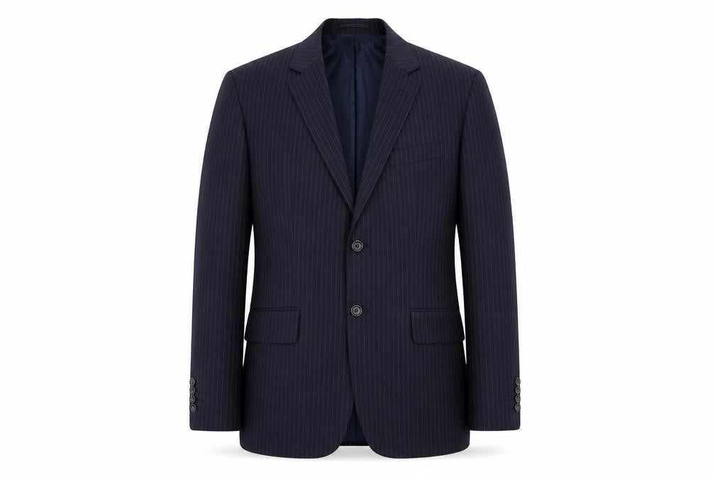 Front view of Burton men’s blue striped polyester jacket suit jacket, size 44, regular