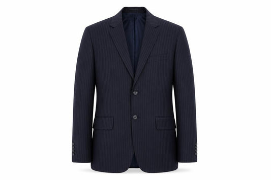 Front view of Burton men’s blue striped polyester jacket suit jacket, size 44, regular
