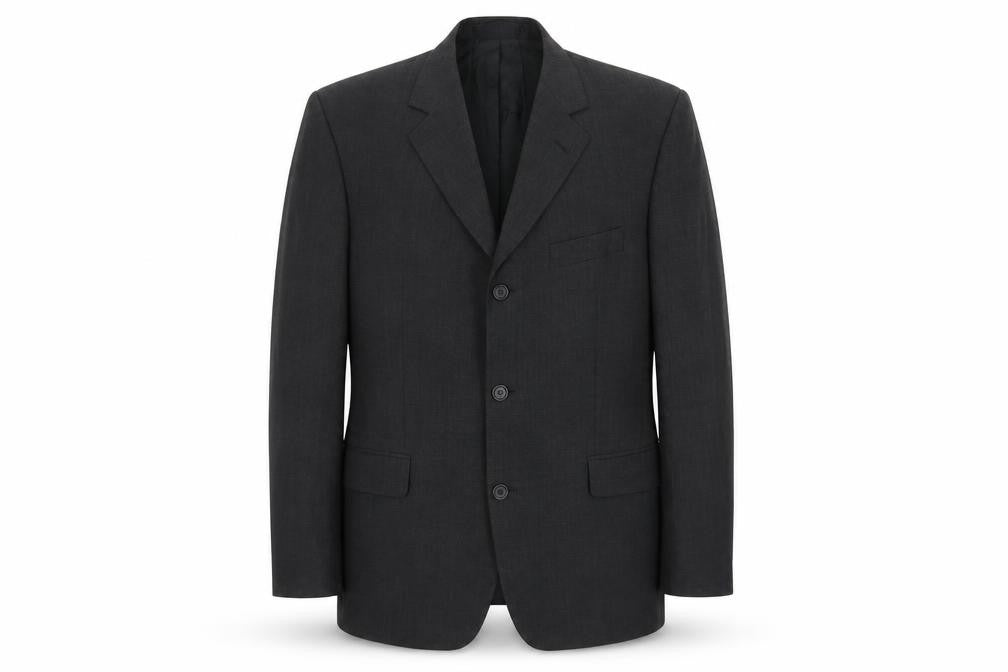Front view of Tom English men’s grey polyester jacket suit jacket, size 42, regular
