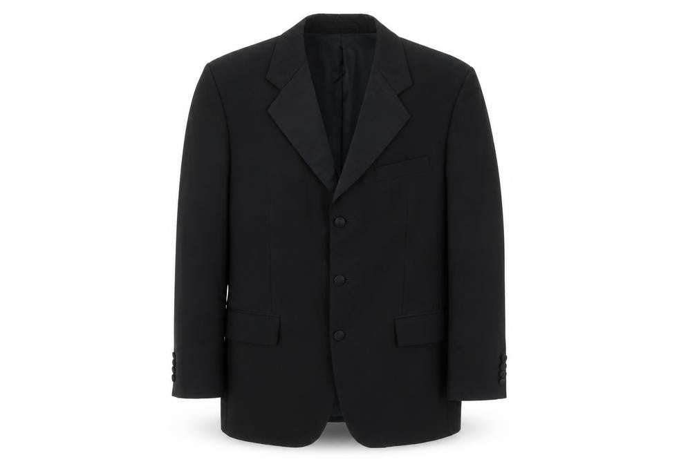 Front view of youngs men’s black cotton tuxedo suit jacket, size 38, regular