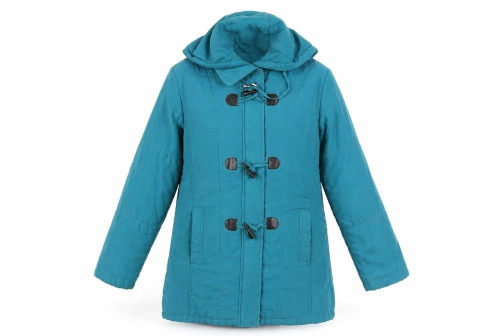 Front view of Preworn women’s blue overcoat coat, size UK 10, hook & loop