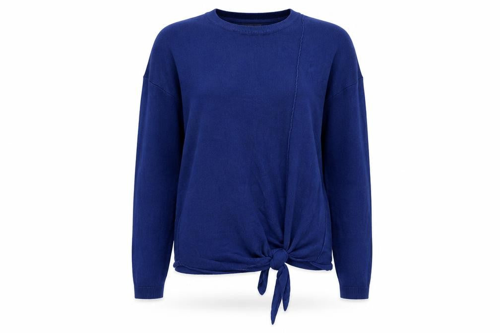 Front view of Plum Tree women’s blue round neck nylon jumper, size S