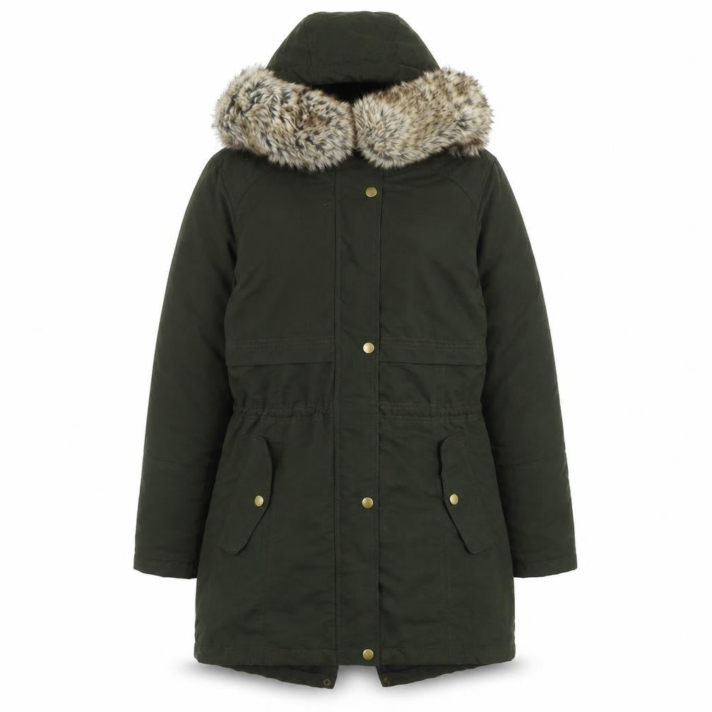 Front view of Avenue women’s green parka coat, size UK 8, zip