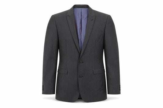 Front view of Next men’s grey striped polyester jacket suit jacket, size 34, regular