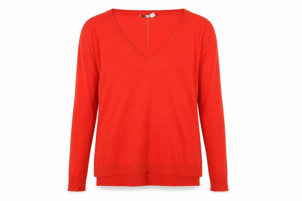 Front view of Next women’s red v-neck acrylic jumper, size UK 8