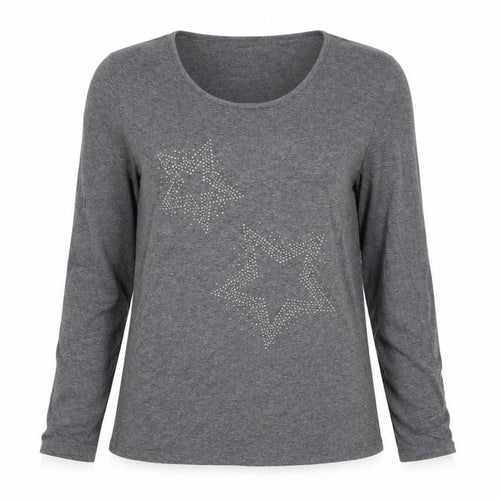 Creation L Womens Grey Cotton Basic T-Shirt Size 12 Scoop Neck - Stars