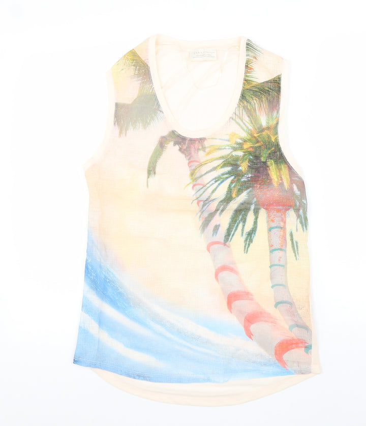 Zara Womens Pink Polyester Basic T-Shirt Size S Scoop Neck - Beach Print