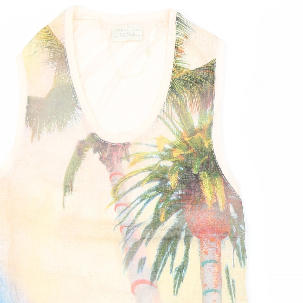 Zara Womens Pink Polyester Basic T-Shirt Size S Scoop Neck - Beach Print