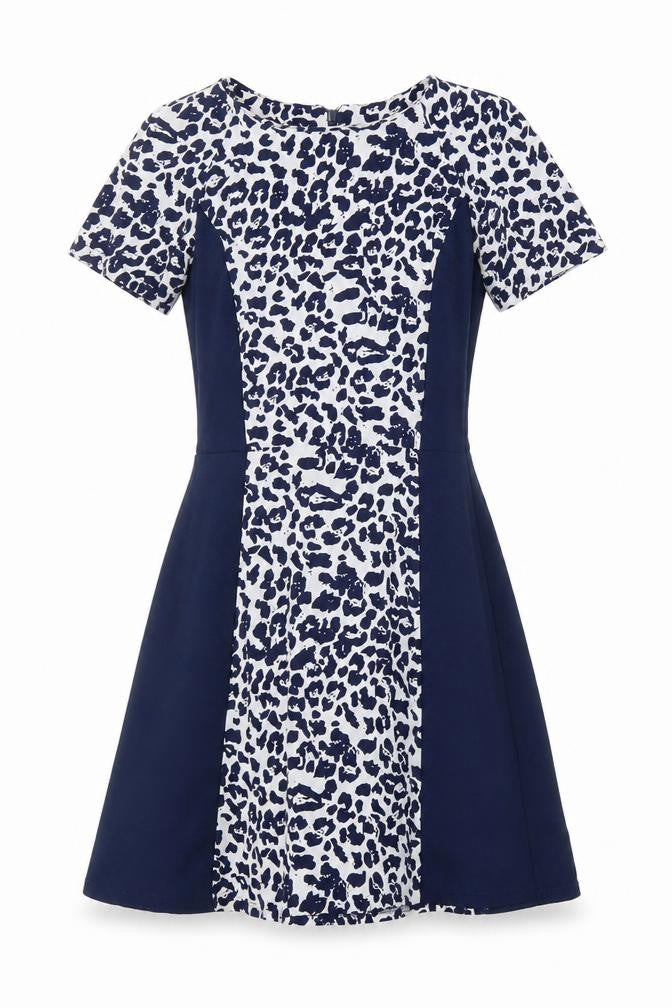 Front view of Atmosphere women’s blue animal print polyester a-line, size UK 6, round neck zip - leopard print