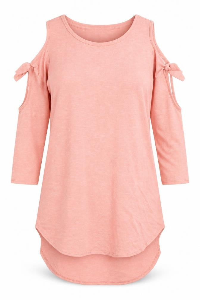 Front view of Papaya women’s pink viscose shift, size M, scoop neck pullover - cold shoulder
