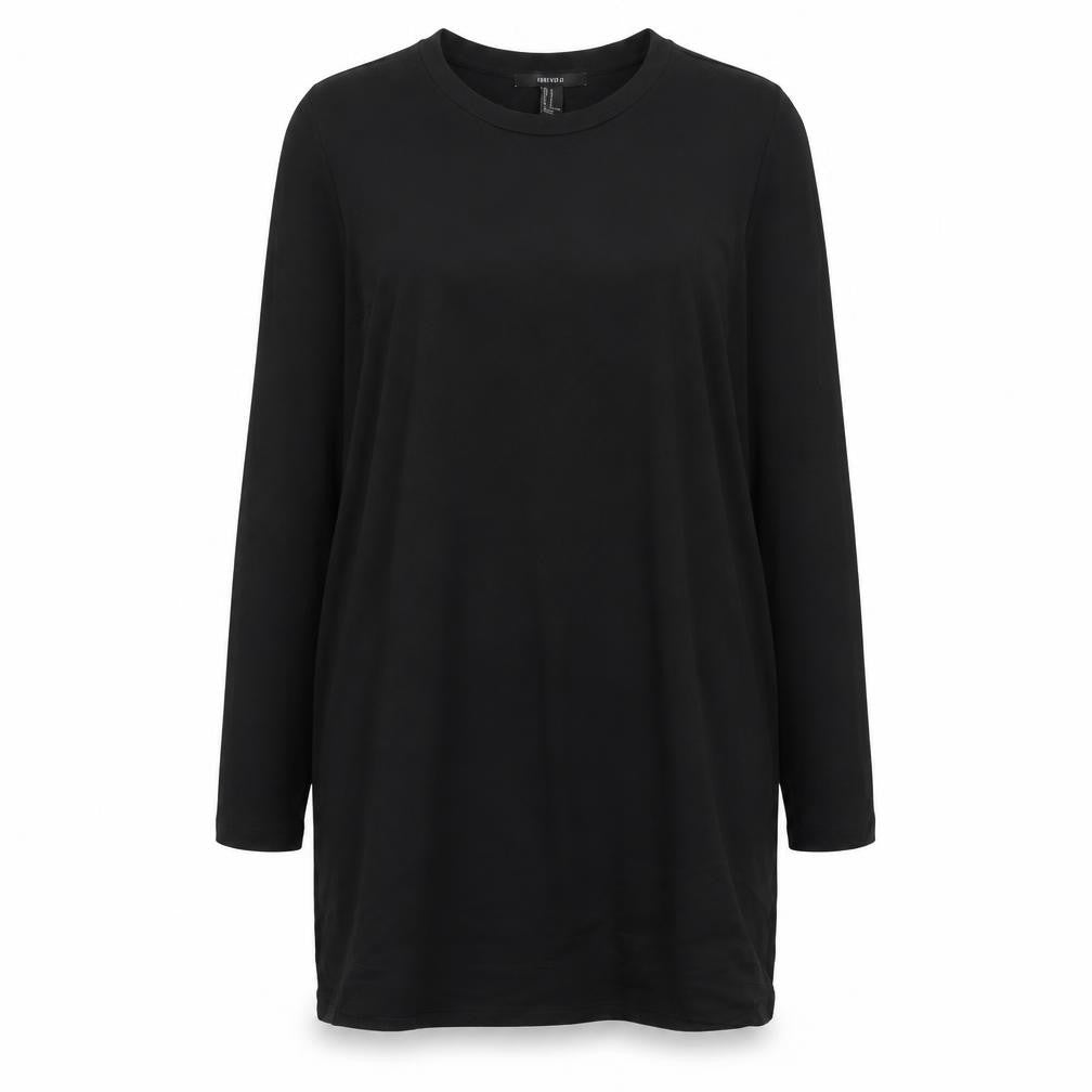 Front view of Forever 21 women’s black cotton shift, size M, scoop neck pullover