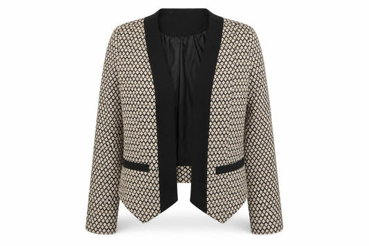 Front view of Klass women’s beige geometric jacket blazer, size UK 12
