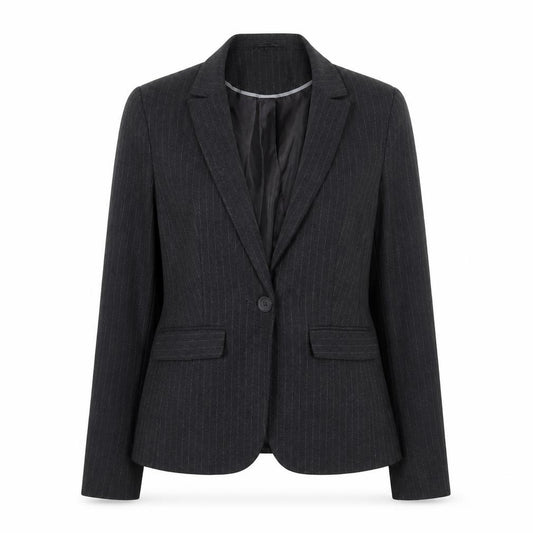 Front view of Next women’s grey striped polyester jacket blazer, size UK 14, button