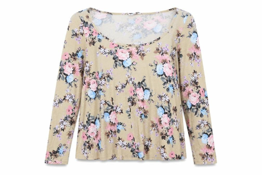 Front view of New Look women’s beige floral viscose basic blouse, size UK 10, round neck