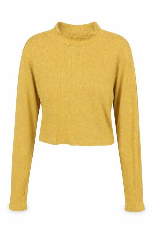Front view of H&M women’s yellow cotton basic t-shirt, size L, mock neck