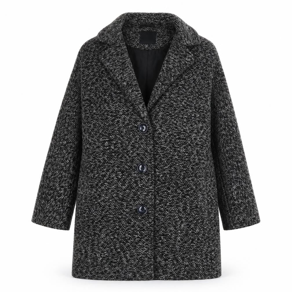 Front view of Forever 21 women’s grey geometric overcoat coat, size S, button