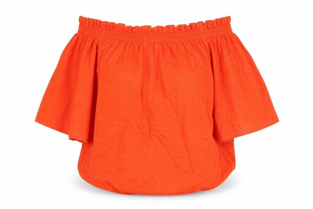 Front view of H&M women’s orange 100% cotton basic blouse, size UK 6, off the shoulder