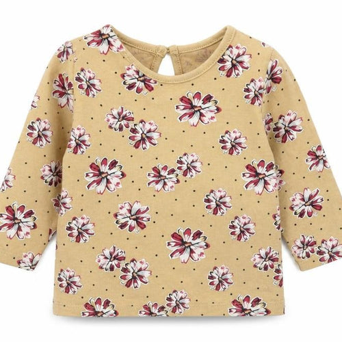 Matalan Girls Brown Floral Cotton Basic T-Shirt Size 6-9 Months Round Neck Button