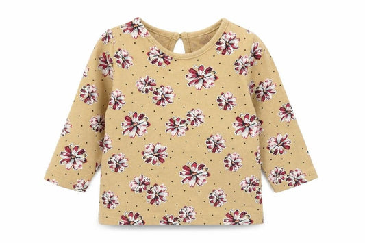 Front view of Matalan girls’ brown floral cotton basic t-shirt, size 6-9, months round neck button