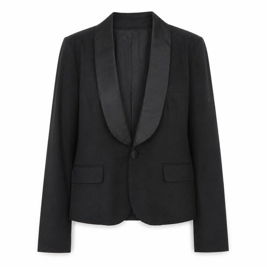 Front view of Miss Posh women’s black jacket blazer, size UK 14, button