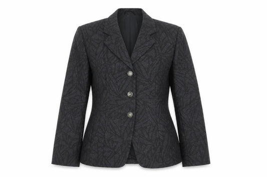 Front view of Huckle women’s grey geometric jacket blazer, size UK 10, button