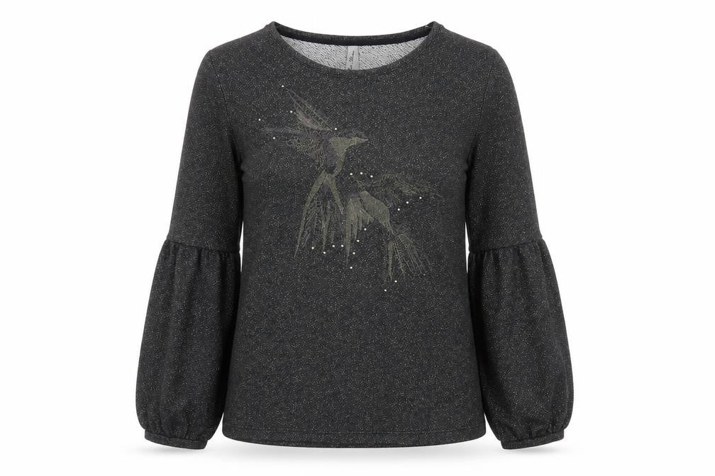 Front view of Miss Etam women’s black polyester pullover sweatshirt, size L, pullover - birds