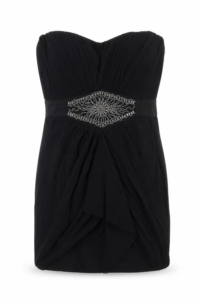 Front view of ASOS women’s black polyester mini, size UK 10, off the shoulder zip