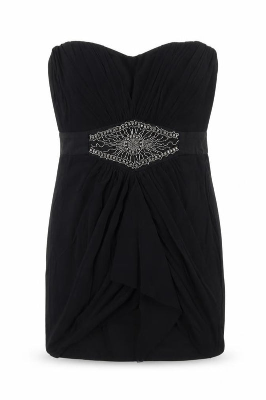 Front view of ASOS women’s black polyester mini, size UK 10, off the shoulder zip