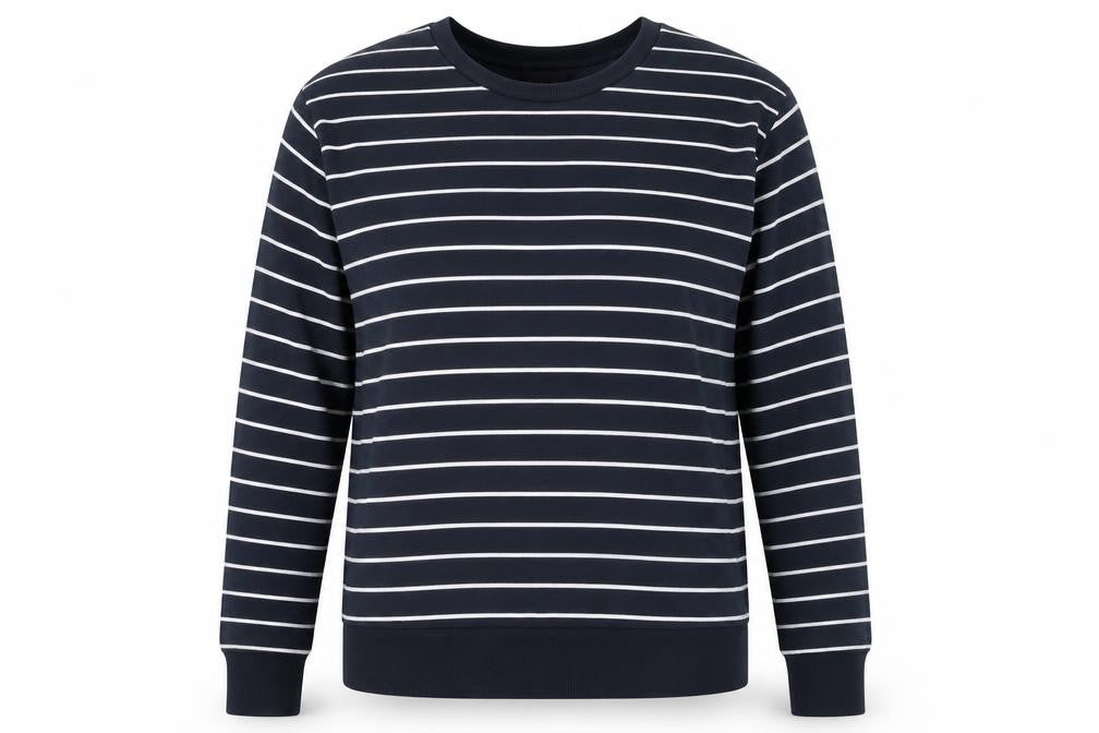 Front view of Primark women’s blue striped cotton pullover sweatshirt, size UK 6, pullover