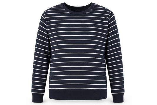 Front view of Primark women’s blue striped cotton pullover sweatshirt, size UK 6, pullover