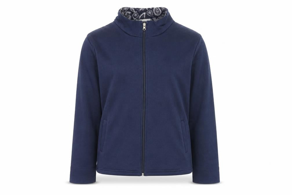 Front view of Ann De Lancay women’s blue polyester full zip sweatshirt, size S, zip