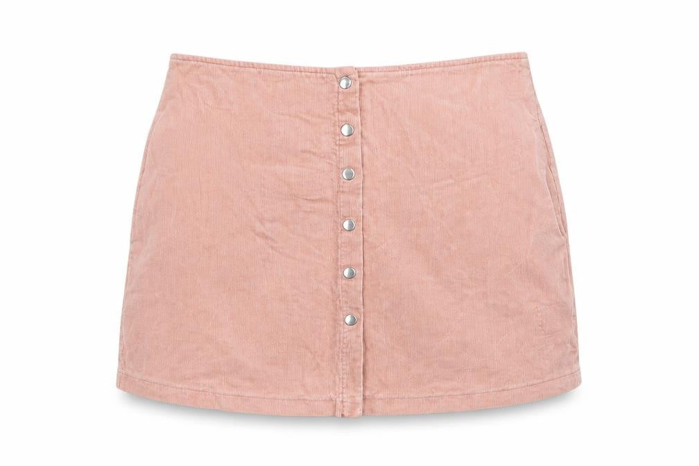 Front view of Select women’s pink cotton mini skirt, size UK 10, button
