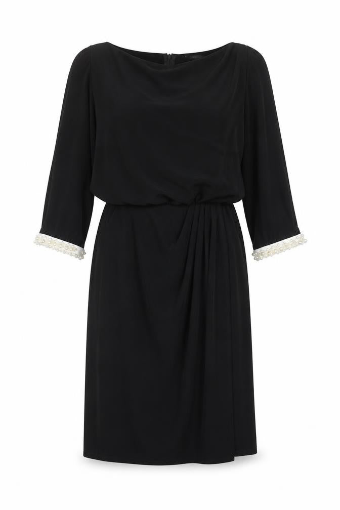 Front view of phillip montello women’s black polyester a-line, size UK 8, round neck zip