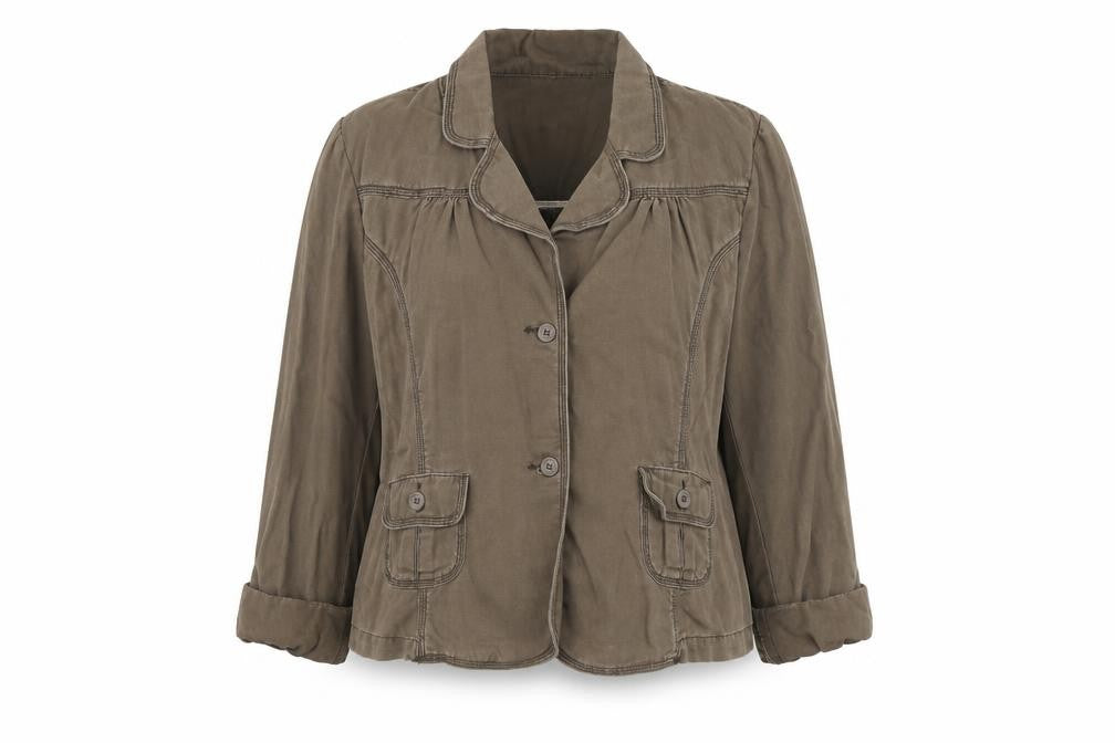 Front view of Liz Lange women’s brown jacket blazer, size M, button