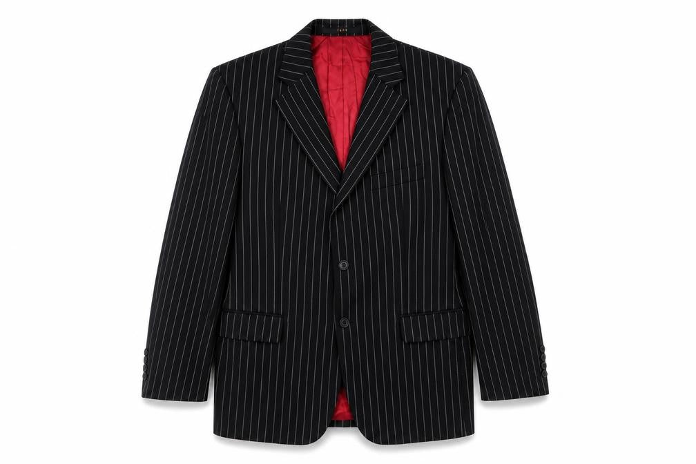 Front view of Oaks men’s black striped wool jacket suit jacket, size 42, regular