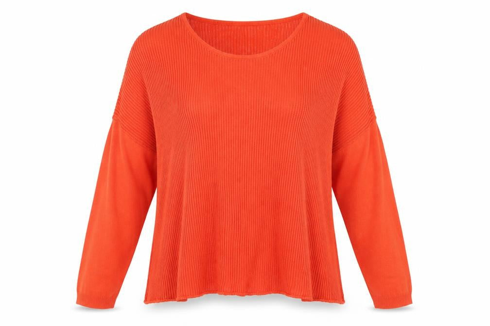 Front view of suivante women’s orange scoop neck viscose jumper, size M