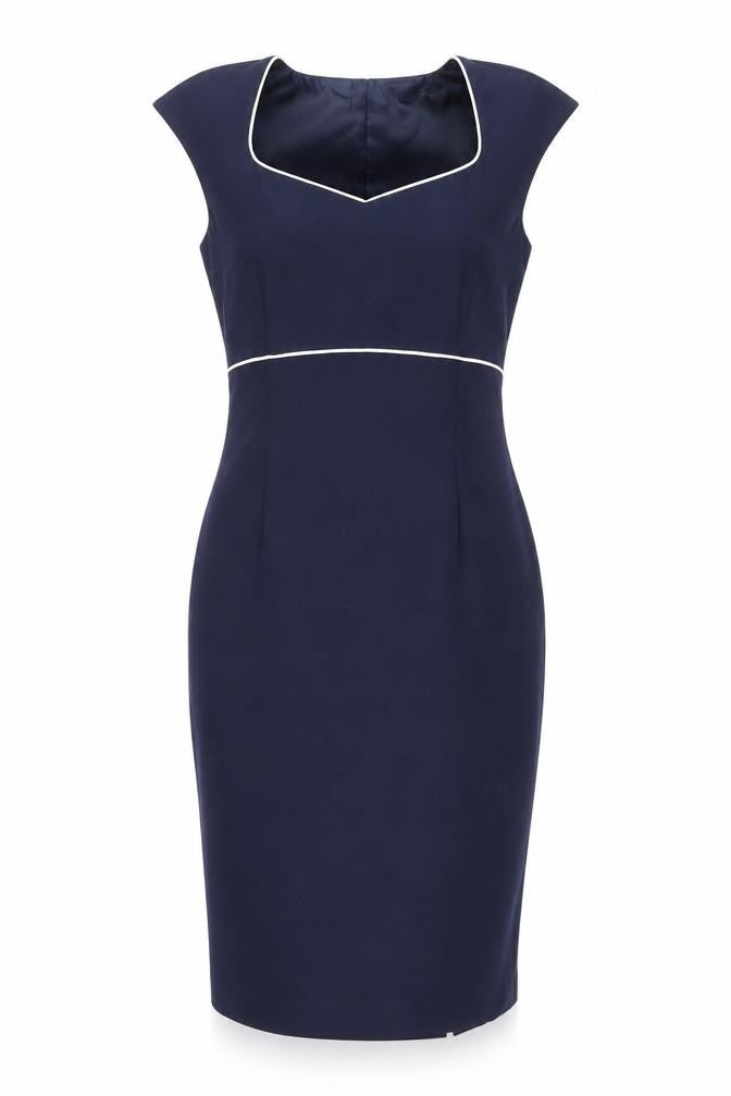 Front view of Minuet women’s blue polyester sheath, size UK 8, square neck zip - slit