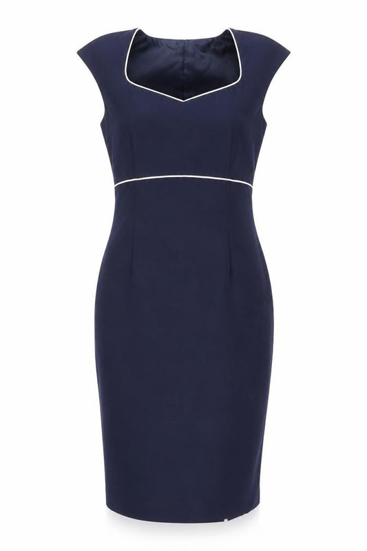 Front view of Minuet women’s blue polyester sheath, size UK 8, square neck zip - slit