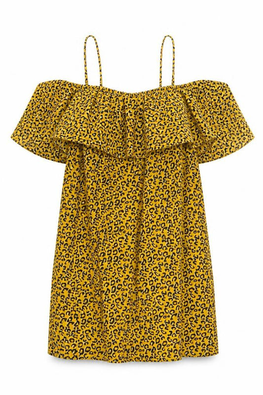 Front view of Pep&Co women’s yellow animal print polyester a-line, size UK 8, round neck pullover - leopard pattern