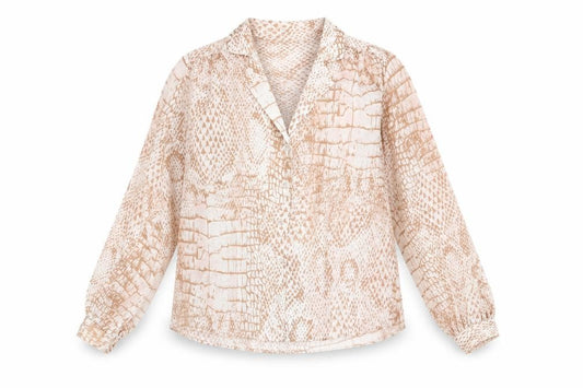Front view of Topshop women’s beige animal print polyester basic button-up, size UK 6, collared - snake skin print