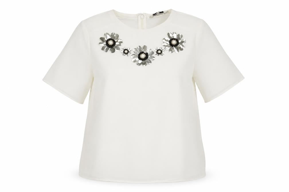 Front view of Limited Edition women’s white polyester basic t-shirt, size UK 14, scoop neck