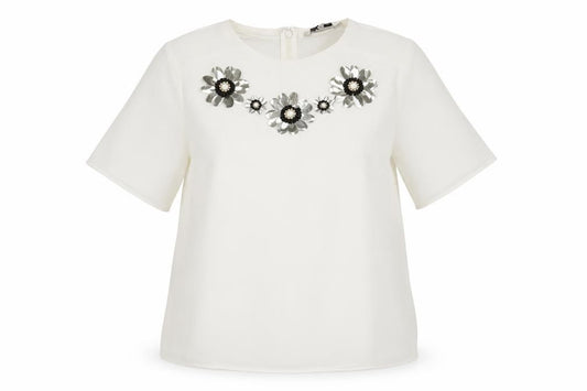 Front view of Limited Edition women’s white polyester basic t-shirt, size UK 14, scoop neck