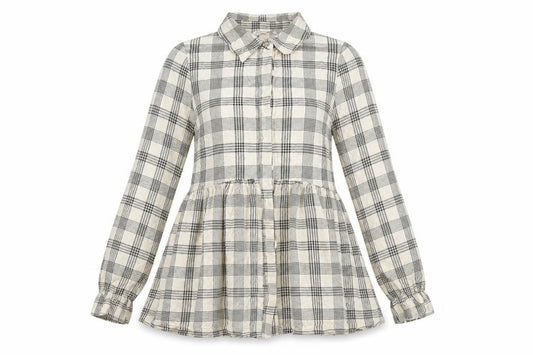 Front view of Pep&Co women’s beige plaid viscose basic button-up, size UK 8, collared - peplum