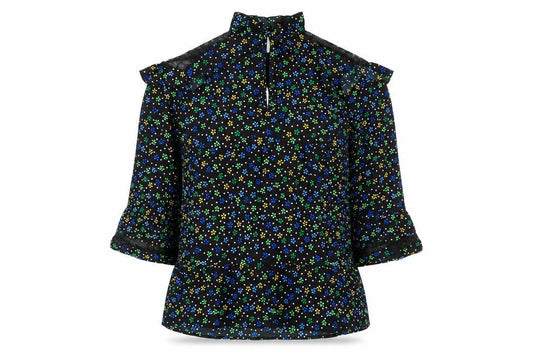 Front view of Collusion women’s black floral polyester a-line, size UK 10, round neck tie